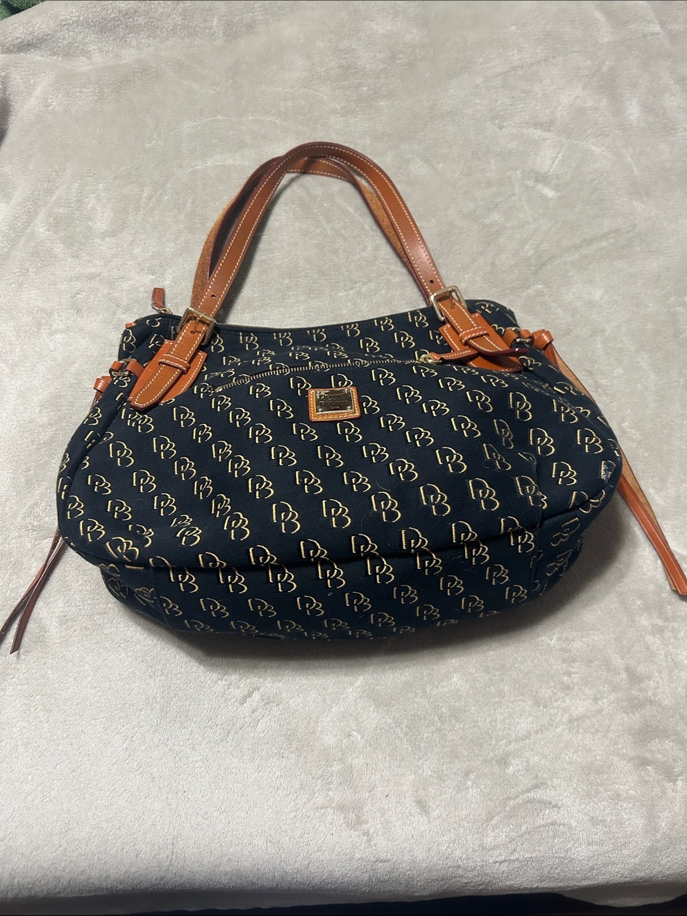 Dooney & Bourke Navy Logo Satchel with Tan Leather Trim - Picture 2 of 12